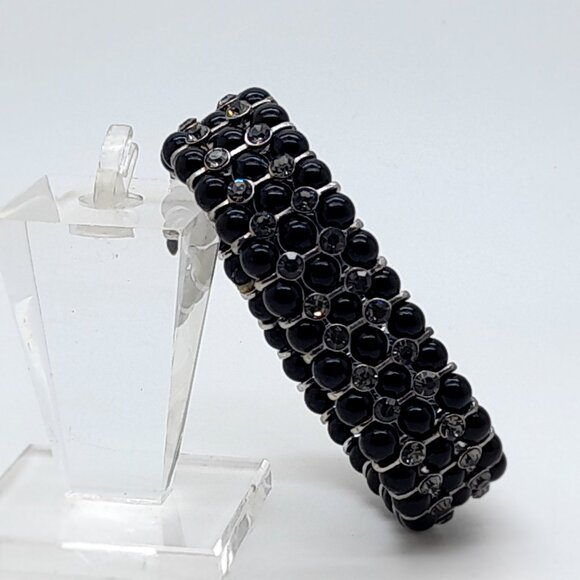 Gorgeous 6mm Black Glass pearl Multi-Strand with ab Stretch fashion Bracelets - Picture 4 of 4